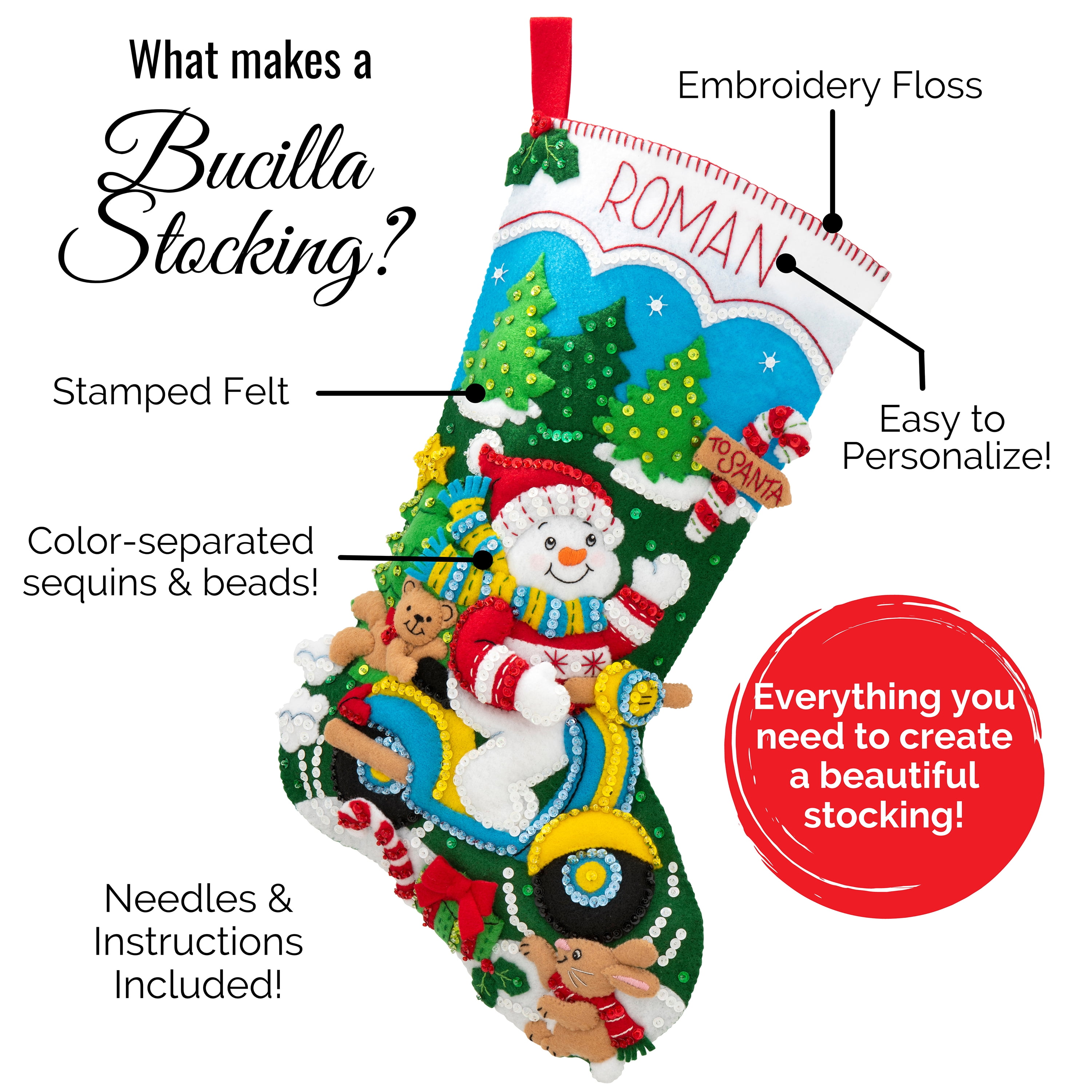 Bucilla Felt Applique DIY Holiday Stocking Kit, Santa's Gathering, 18"