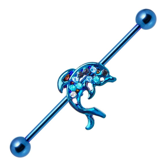 Satix 14G Surgical Steel PVD Blue Dolphin Industrial Barbell Earrings Bar Helix Cartilage Piercing Jewelry 38mm 1 & 1/2 Inch