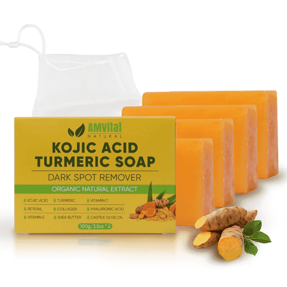 AMVital Kojic Acid Soap - Turmeric Soap for Face & Body with Hyaluronic Acid, Vitamin C, Vitamin E, Shea Butter, Castile Olive Oil (4 Pack)