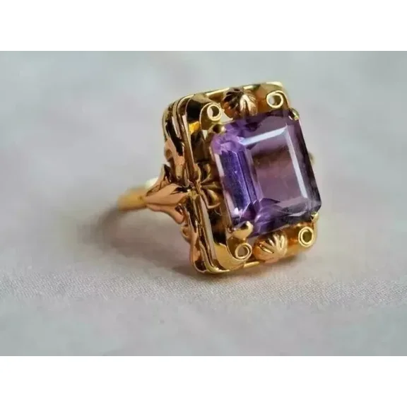 3Ct Emerald Cut Amethyst Vintage Cocktail Ring 14k Yellow Gold Over Lab Created