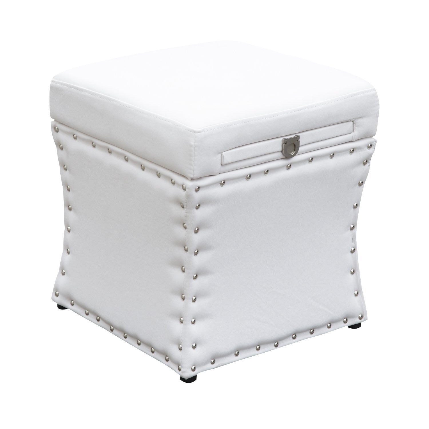 17” Cube Faux Leather Storage Ottoman Footrest With Decorative Pull Out Tray White