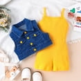 thumbnail image 2 of TAIAOJING Toddler Baby Girls Outfits Children Sleeveless Solid Rib Bodysuit Summer Lapel Denim Coat Two Cute Clothes Set For 4-5 Years, 2 of 7