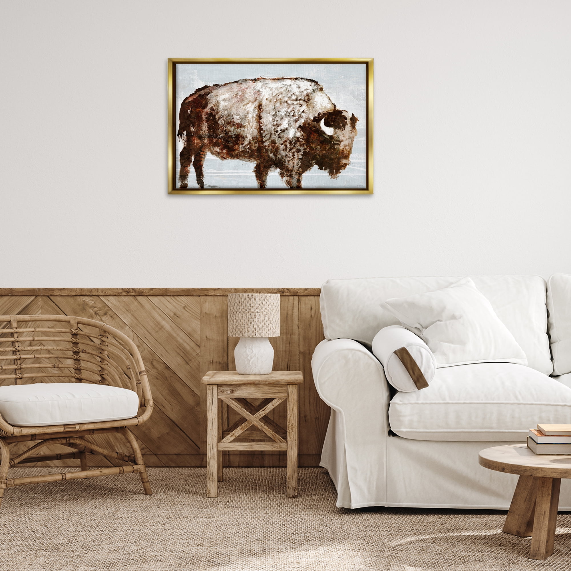Stupell Industries Abstract Buffalo Impression Animals & Insects Painting Gold Floater Framed Canvas Art Print Wall Art, 31 x 21
