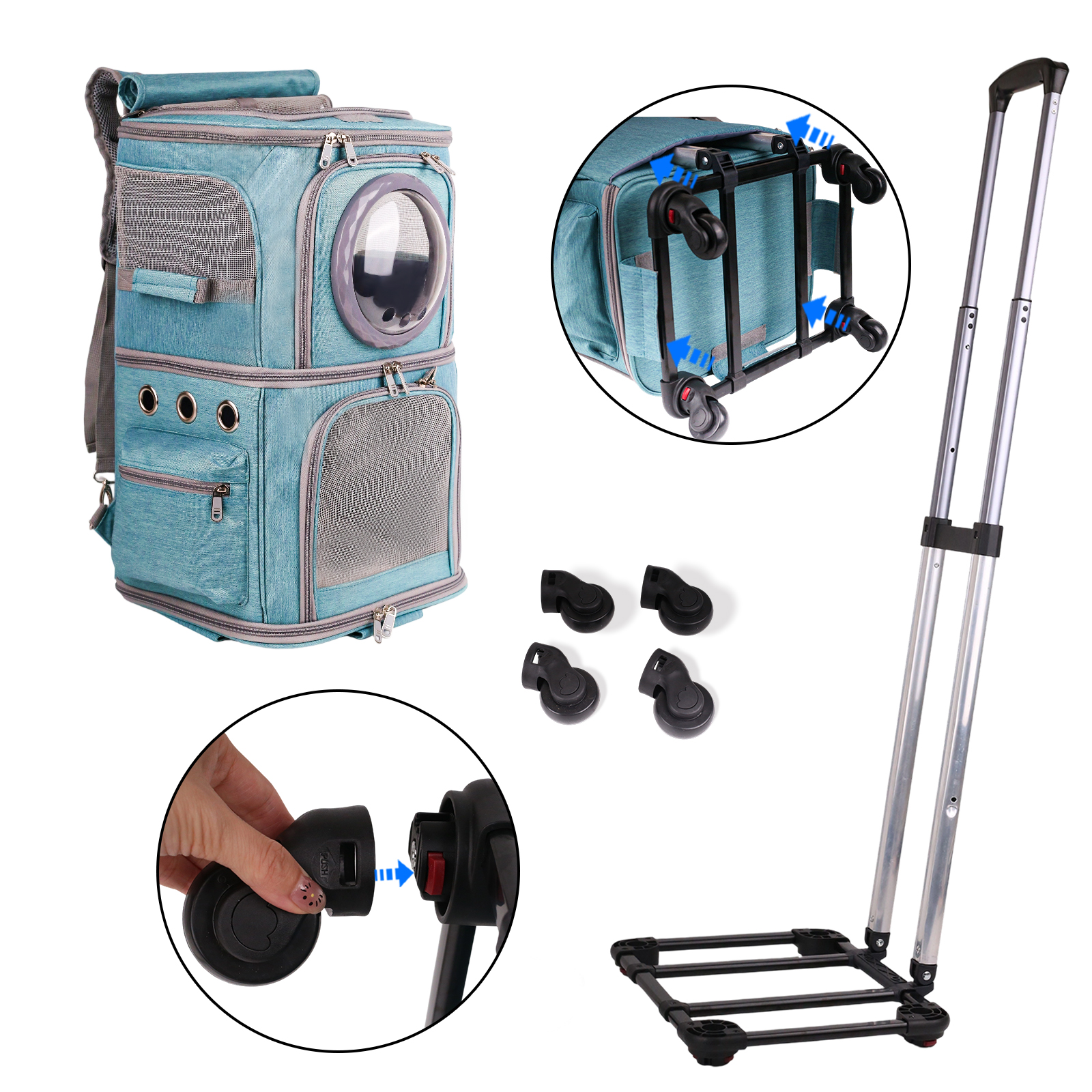 2-in-1 Pet Carrier Backpack for Two Cats or One Dog with Puller & Roller, Green Double-Layer 2 Compartment Carry Bag to Transport Small Animals Traveling and Hiking, Space Capsule Clear Bubble Dome