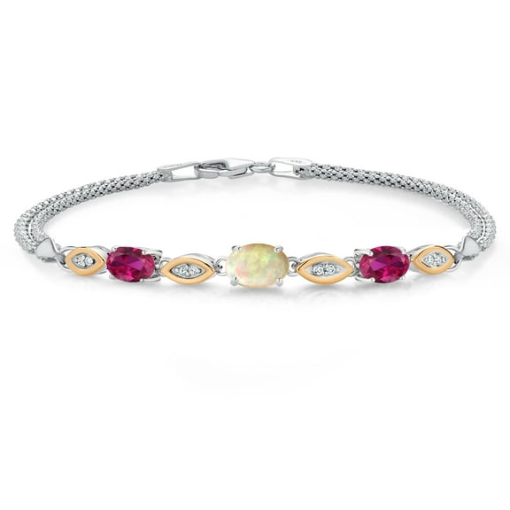 925 Silver and 10K Yellow Gold White Ethiopian Opal and Red Created Ruby and White Lab Grown Diamond Bracelet for Women (1.57 Cttw, Gemstone October Birthstone, Oval, Wheat Chain, 7.5 inches)