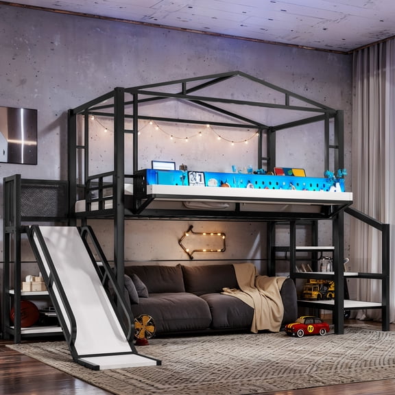 Metal House Loft Bed with Slide, Twin Size Loft Bed Frame with Storage Stairs, USB Ports and LED Lights, Playhouse Bed with Under-bed Space for Kids, Teens, Adults, Noise-reduced Design, Black