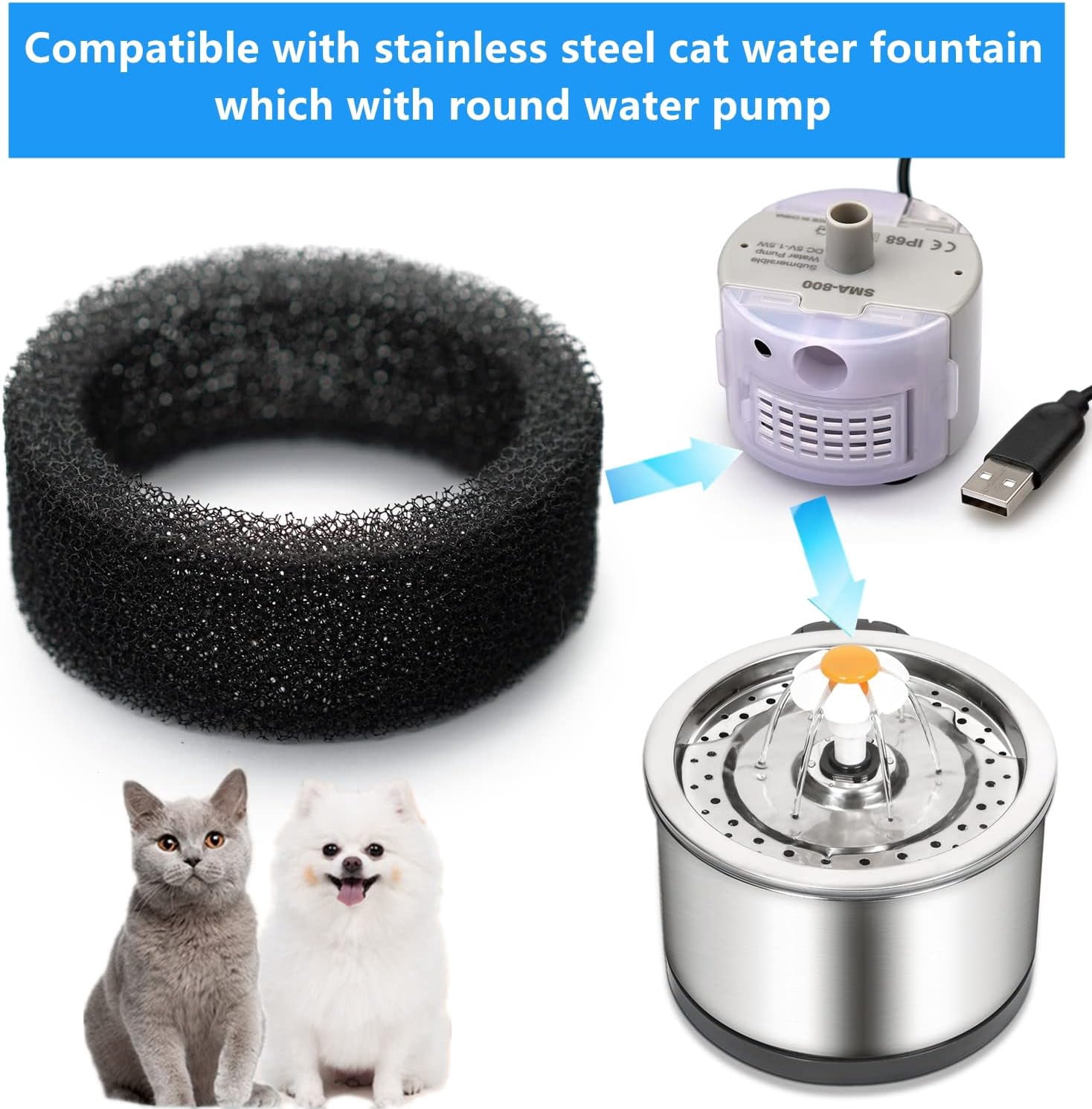 32-Pieces Pet Water Fountain Filter Sponge Replacement for 2.5 L/84 oz 2.2 L/ 74 oz Stainless Steel Cat Fountains, Black Round Filter Foam for stainless steel Cat Drink Fountains