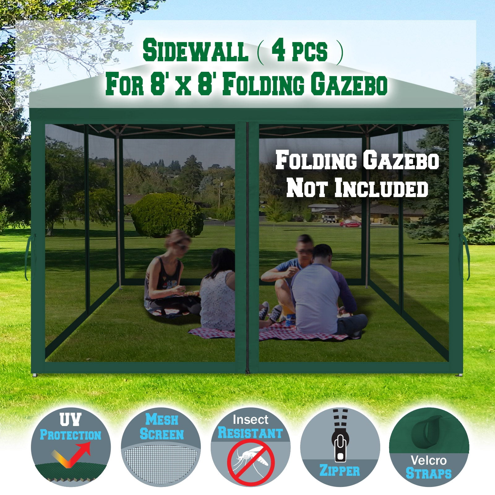 ALUVIERA Canopy Replacement Sidewalls Mosquito Netting Screen Walls for Gazebo Size 8x8 FT, 4 Pack,(8'Wx6'H,Green)