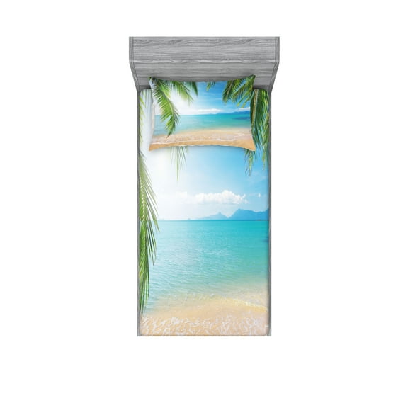 Ambesonne Tropical Fitted Sheet & Pillow Sham Set, Surf Tourism Thailand, Twin, Sand Brown Turquoise