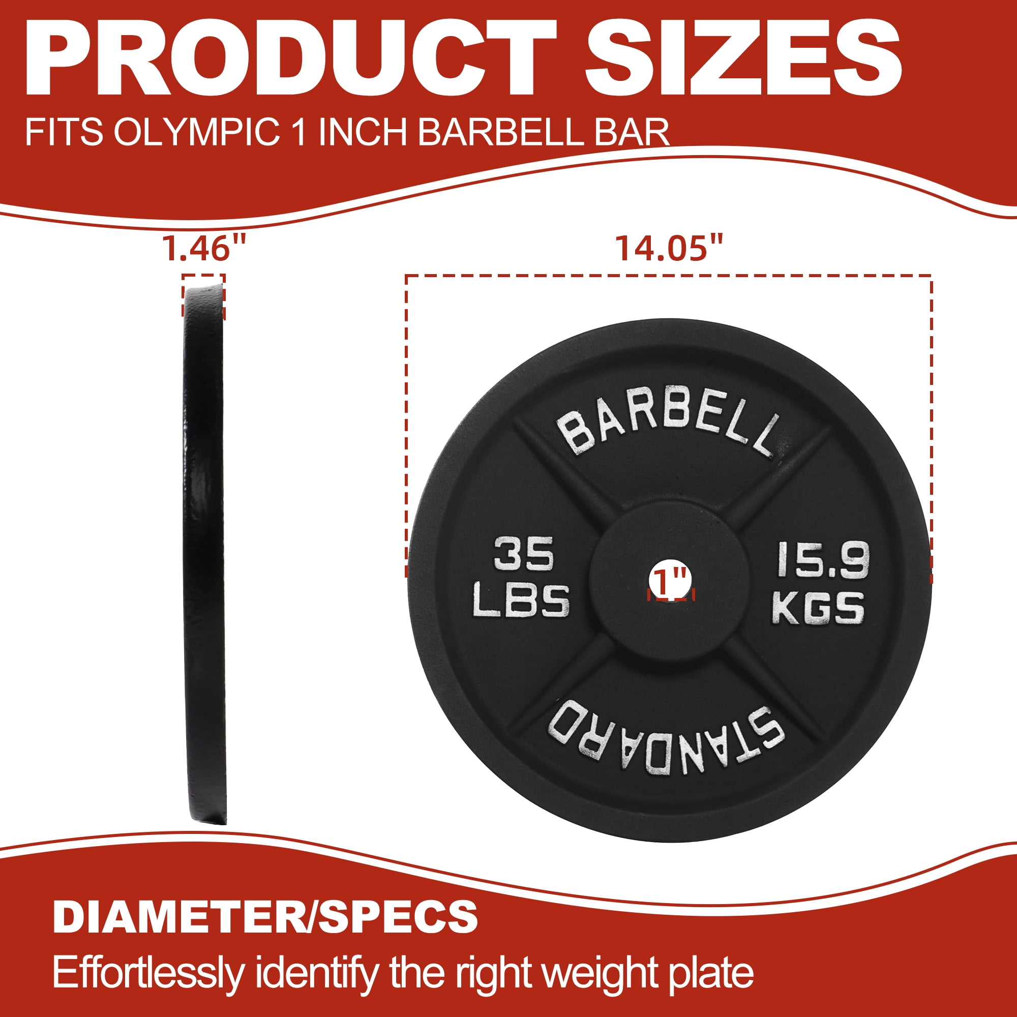 Signature Fitness Cast Iron Weight Plates, 1-Inch Hole, 2-Pack or 4-Pack Options (2.5LB–45LB), Black with Silver Numbers, for Standard Barbells, Dumbbells & Home Gym Strength Training