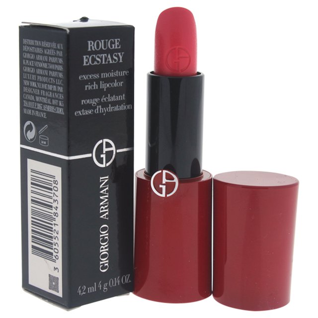 lápiz labial giorgio armani giorgio armani rouge ecstasy excess moisture rich lipcolor - # 500 eccentrico lápiz labial dama 0.14oz primer plano frontal de labial abierto en rojo intenso con bala satinada y logo GA en relieve; tubo cilíndrico rojo con cuerpo negro y tapa al lado, caja negra vertical con texto del producto detrás; apto para probar color en muestras de maquillaje.