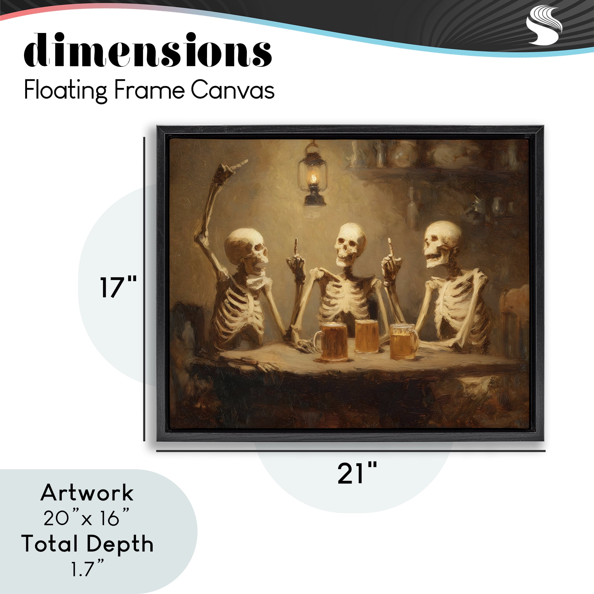 Skeletons Drinking at Tavern Black Framed Floater Canvas Wall Art, design by Arlington Prints