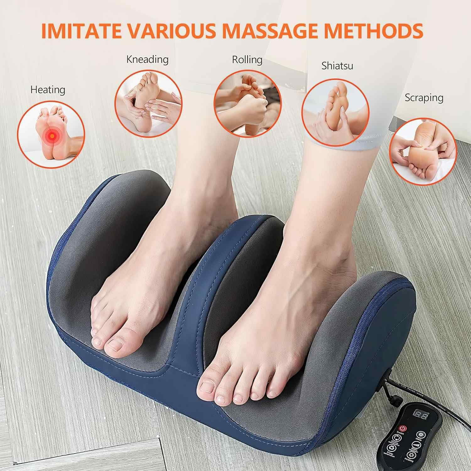 Shiatsu Foot Massager with Heat, Deep Kneading Foot & Calf Massager for Plantar Fasciitis, 5 Modes, 3 Speeds, Adjustable Roller for Home and Office Relaxation
