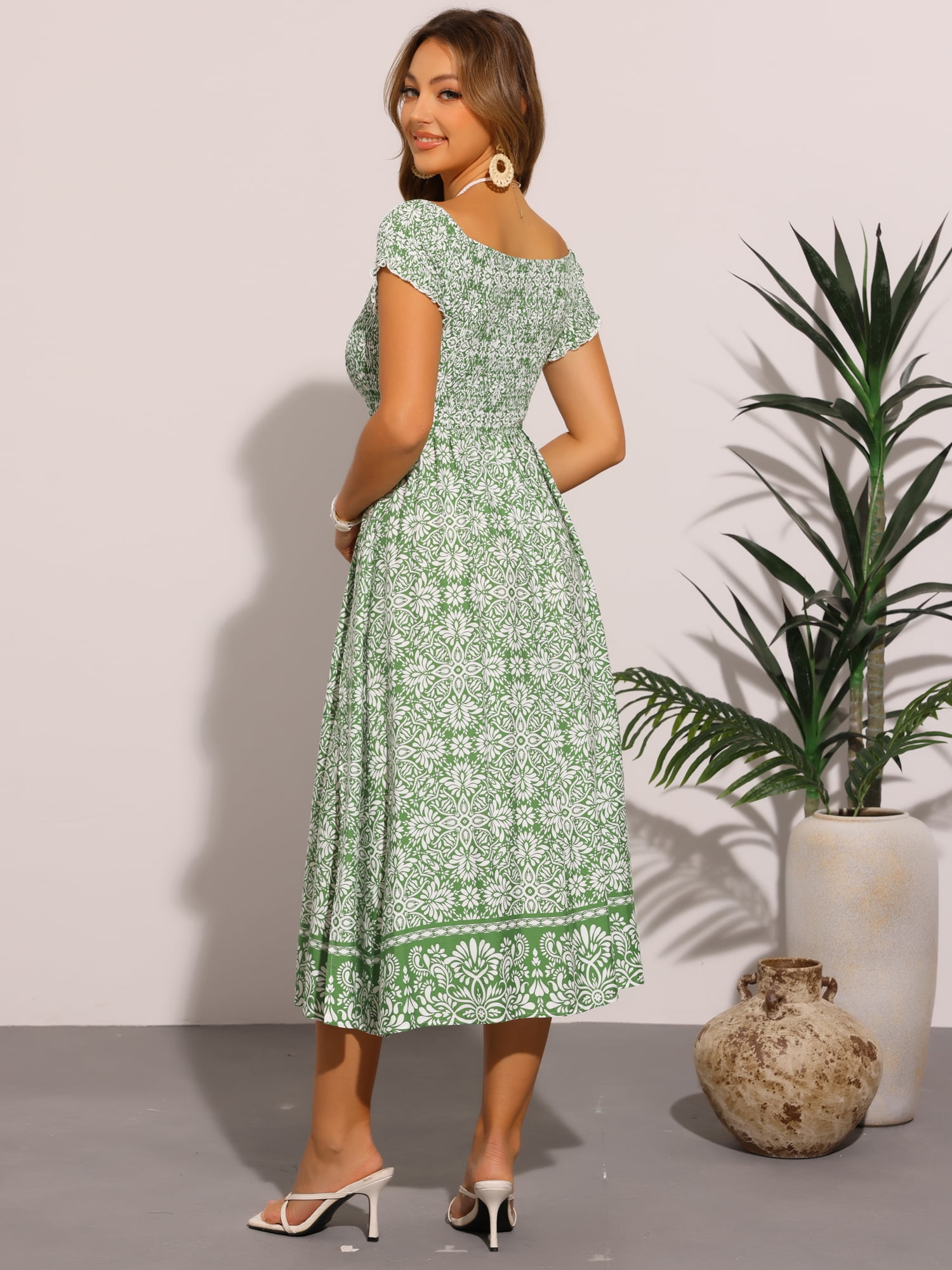 DARING DIVA Boho Smock Midi Off Shoulder Summer Events Dress XL Green