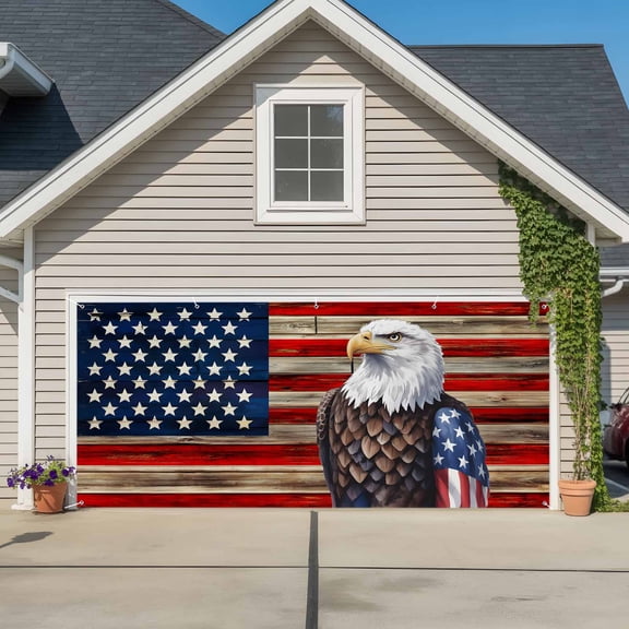 American Flag Garage Door Cover Banner 7 x 16 FT, Vintage Eagle Blue Red USA Flag Garage Door Curtains Backdrop with Grommets for Indoor Outdoor Wall Party Porch Yard Decorations Background