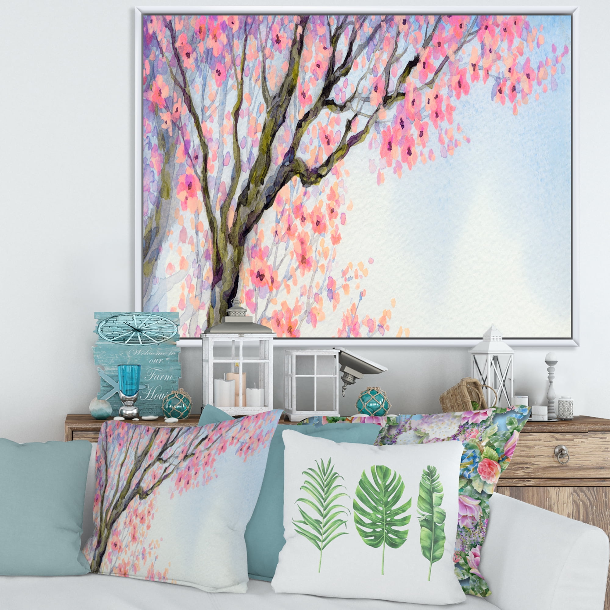 Beautiful Pink Bird Sitting On Flowering Branch 40 in x 30 in Framed Painting Canvas Art Print, by Designart