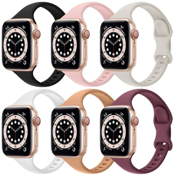 ZSOU 6 Pack Skinny Silicone Watch Bands for Apple Watch 38/40/41/42mm(Series 10) - Black, Pink, Cream, White, Beige, Light Purple