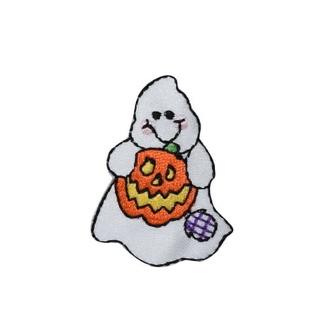 - Small Ghost - Holding Jack o'Lantern Pumpkin - Iron on Applique/Embroidered Patch