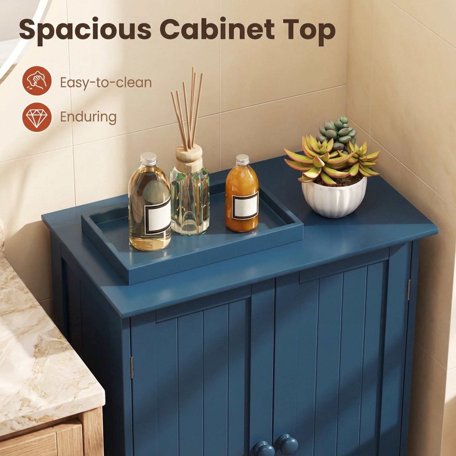 Vebreda Bathroom Storage Cabinet with 2 Doors and 3-Level Adjustable Shelf, 24 in Freestanding Storage Cabinet with Anti-Tip Kit, Blue