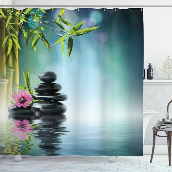 Zen Garden Shower Curtain, Pink Flower Spa Stones and Bamboo Tree on the Water Relaxation Theraphy Peace, Fabric Bathroom Set with Hooks, 69W X 70L Inches, Multicolor, by Ambesonne