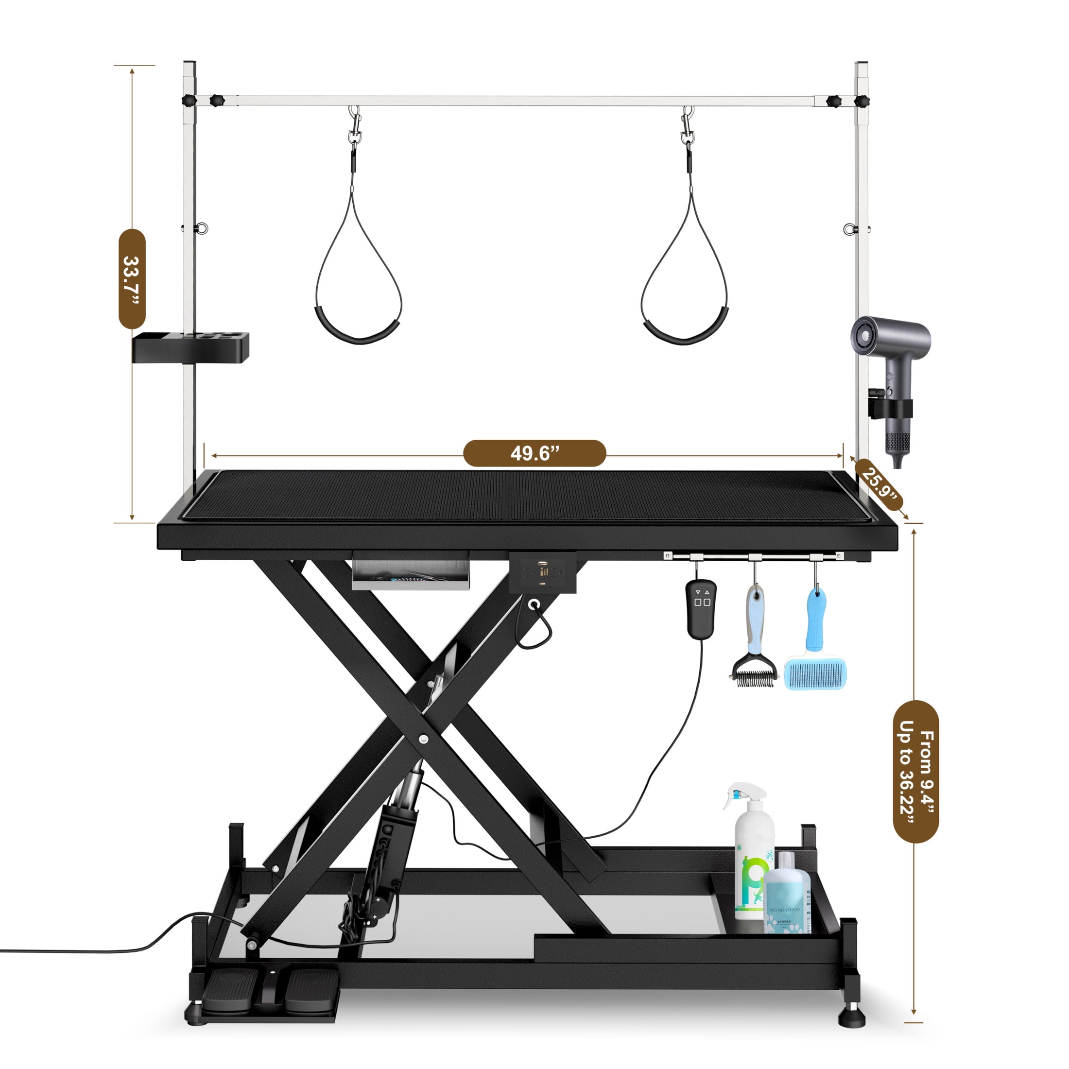 Noble House Professional Electric Pet Grooming Table, Height Adjustable, Heavy Duty Lift Table with Double Arms, Black