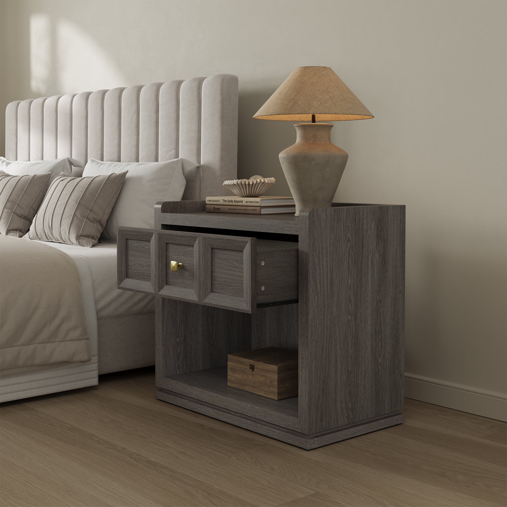 SICOTAS 26" W Farmhouse Nightstands Set of 2, Big nightstands with Drawer & Open Shelves, Large Bedside Table, End table for Bedroom, Living Room, Dark Grey