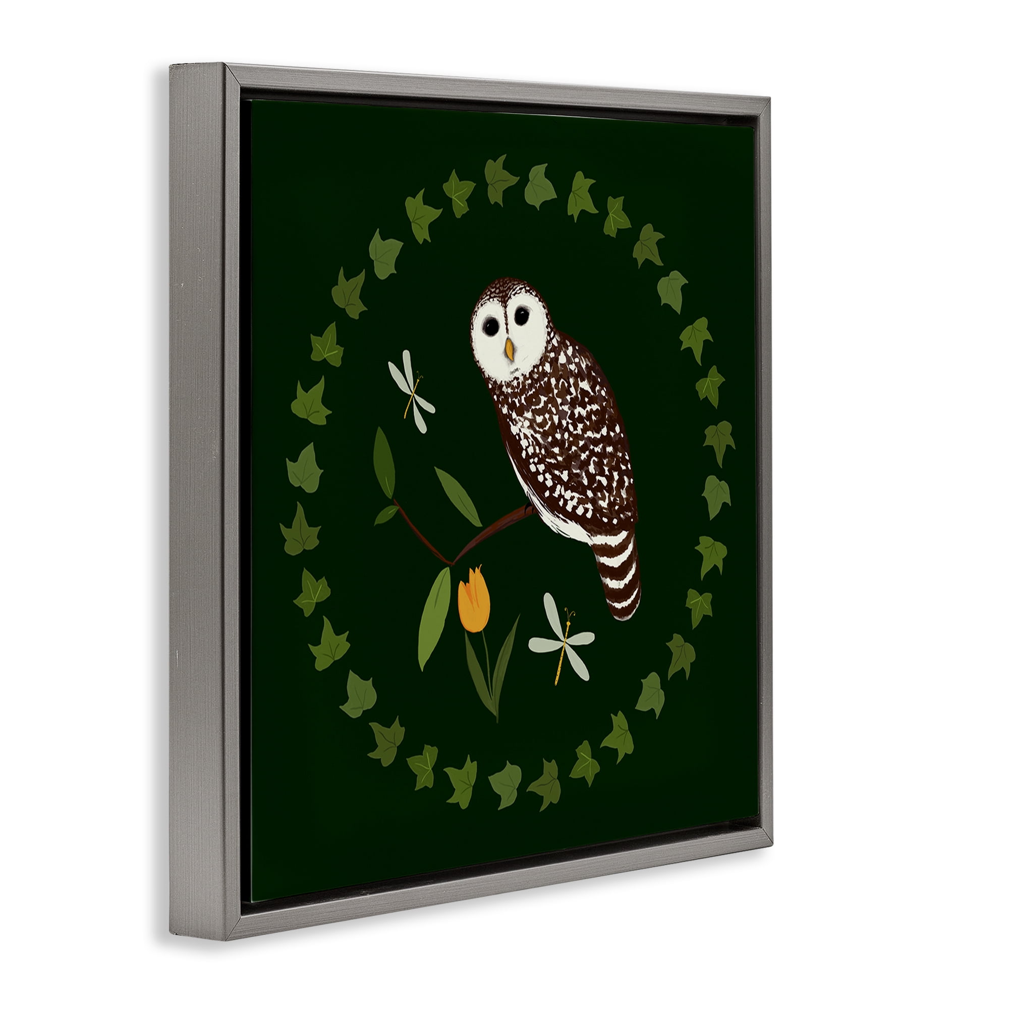 Stupell Industries Owl & Tulip Wreath Animals Painting Gray Floater Framed Canvas Art Print Wall Art, 18 x 18