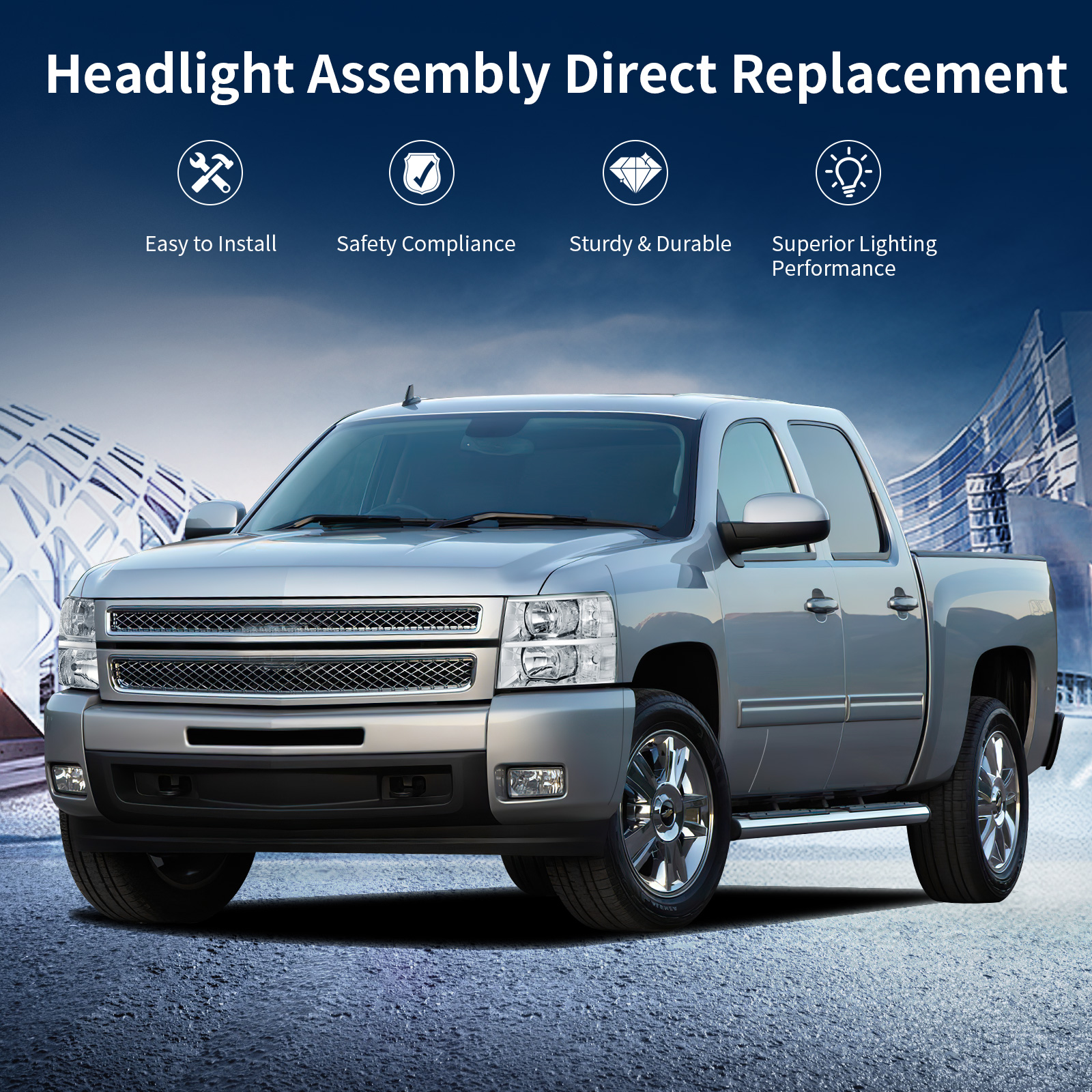 RVNI Fit For 07-13 Chevy Silverado 1500 2500 3500 Clear Corner Headlights Replacement