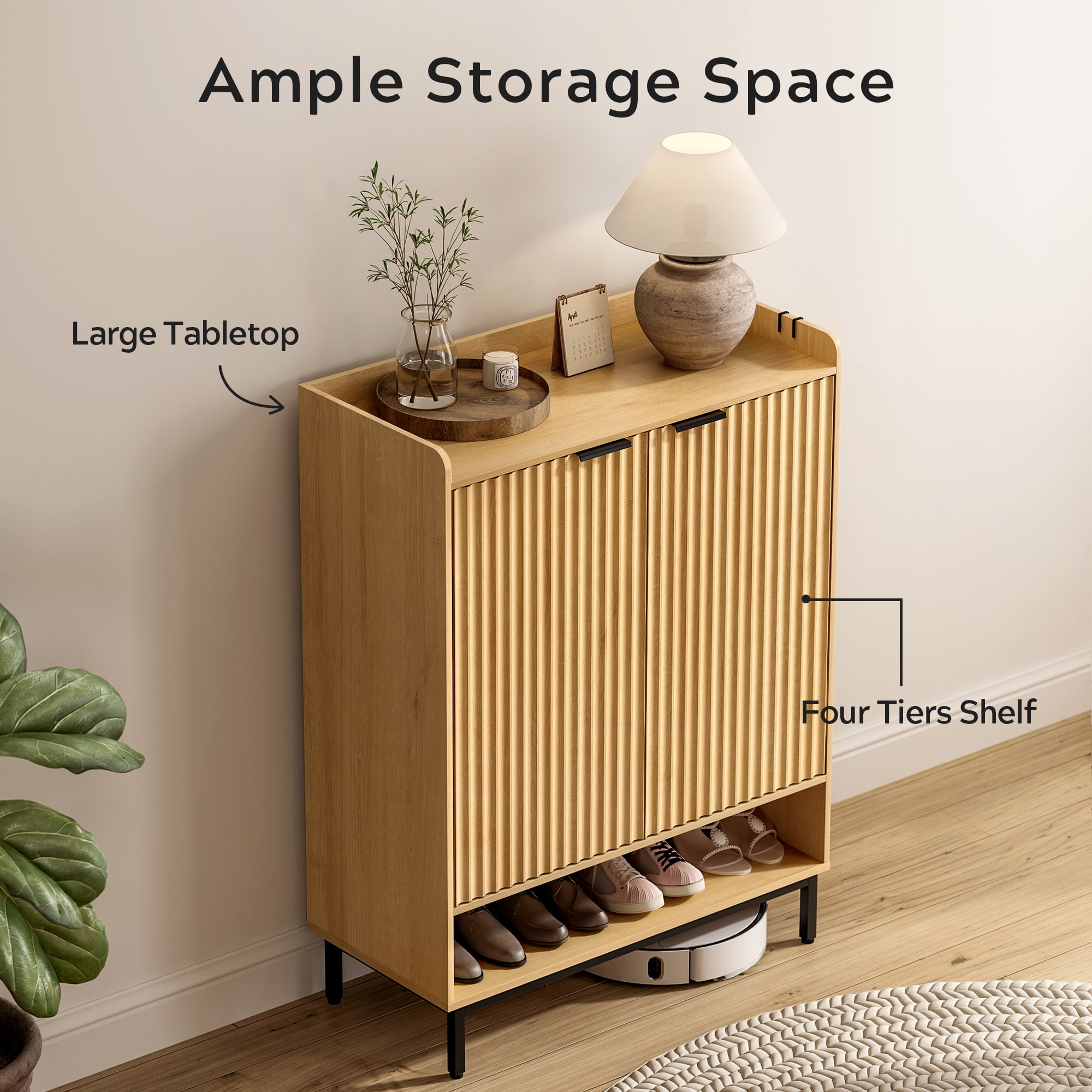 EYYTHUNG Fluted Shoe Cabinet with Doors, Large Wooden Shoe Storage Cabinet, Modern Tall Freestanding Shoe Rack Organizer