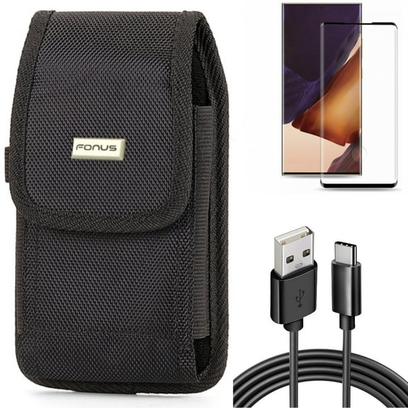 Screen Protector & Case Belt Clip & 6ft USB Cable for Samsung Galaxy Note 20 Ultra (6.9") - Combo with Tempered Glass (Fingerprint Unlock) & Rugged Holster & Type-C Charger Cord