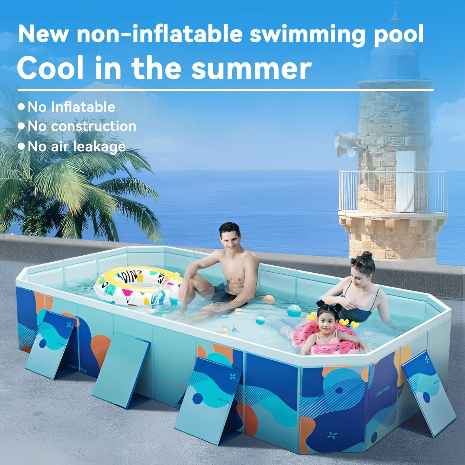 SHIBAILI Blue Non - Inflatable Family & Kids Swimming Pool with Metal Frame,Foldable (100×66×20 in)