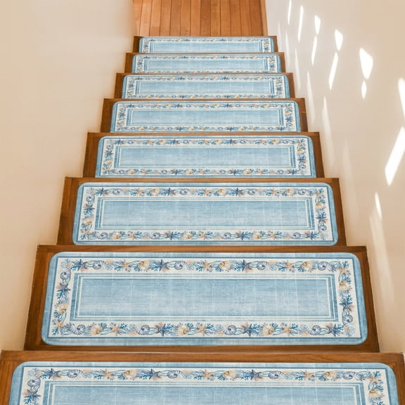 Sky Blue Coastal Stair Treads Non Slip for Steps Vintage Beach Starfish Shell Summer Coral 4 Pcs Reusable Adhesive Stair Runner Mats for Dogs Elders Carpet Treads Rugs for Staircase 8x30 In