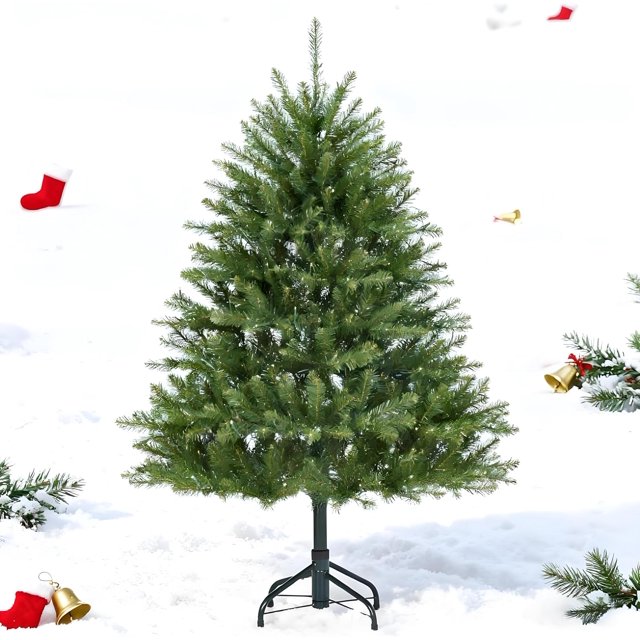 9FT Pre-Lit Artificial Christmas Tree with Multi-Color Lights Green PE & PVC Xmas Tree, Easy Assembly Hinged Branches & Foldable Metal Stand for Home Office Holiday Decor