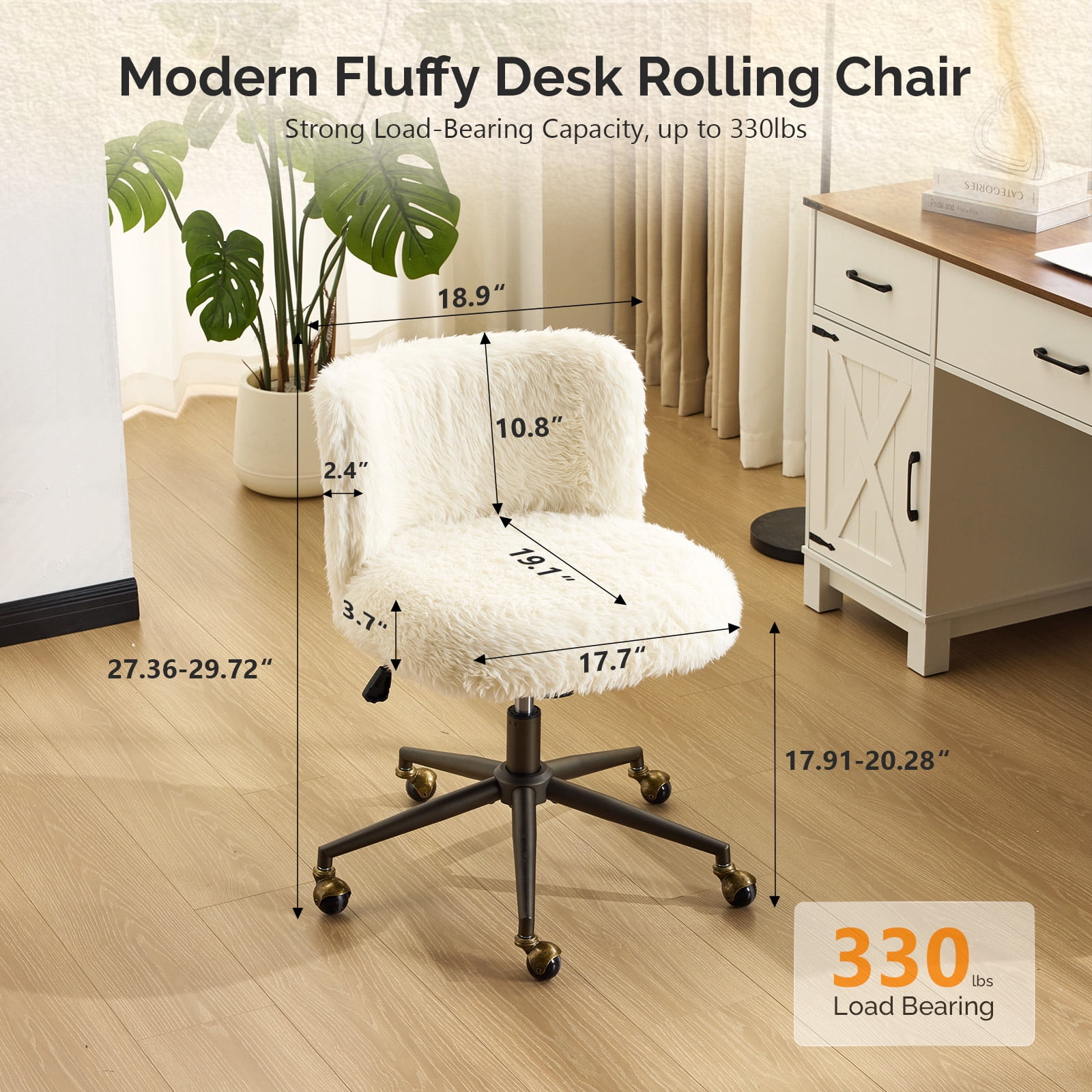Ktaxon Vanity Chair, Adjustable Desk Chair with Metal Base and Swiveel Casters, Long Pile Fabric Makeup Chair for Women, Ideal for Office,Study and Home White
