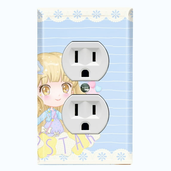 Metal Light Switch Wall Plate Outlet Cover (Pop Star Blue Anime Stripe Flower Border Pattern - Single Duplex)