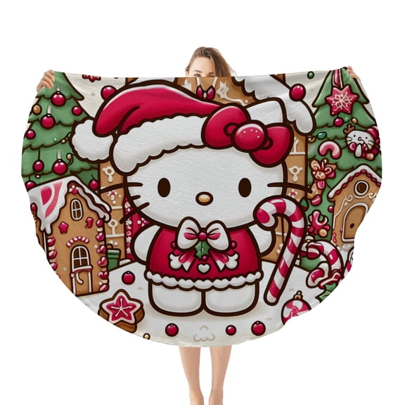 Hello Kitty Christmas Round Flannel Throw Blanket Plush Soft Polyester Cover for Sofa Bed, Cozy Home Decor Room Essentials Anime Manga Gifts for Teens, Kids 47inch