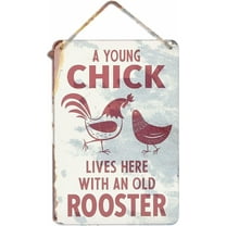 Tin Poster Metal Sign Young Chick Lives Here with an Old Rooster - Funny Vintage Wall Decor for Farmhouse Entryway, Bedroom, Or Living Room Plaque Retro Signs 12x8 Inch