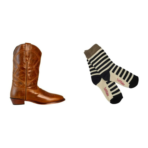 TuffRider Ladies Colter Square Toe Western Boot- Tan- 11 With Free Assorted Striped Socks