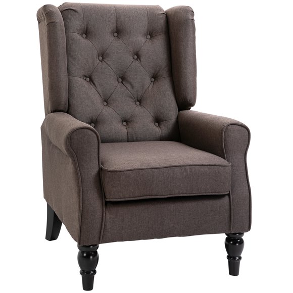 HOMCOM Fauteuil d'Appoint Capitonné à Boutons avec Dossier Ailé Accoudoirs Arrondis Brun