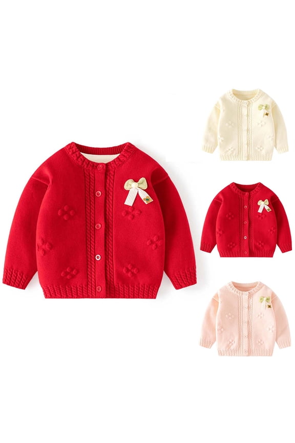 Baby Solid Color Knitted Cardigan Bow Decor Cotton Sweater Jacket for 3 Months-2 Years Infants Girls Boys Casual Daily Wear Outerwear