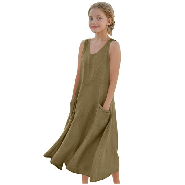 FAIWAD Robes d'Été en Coton et Lin pour Filles Sans Manches Robe d'Été Ample pour Enfants avec Poches