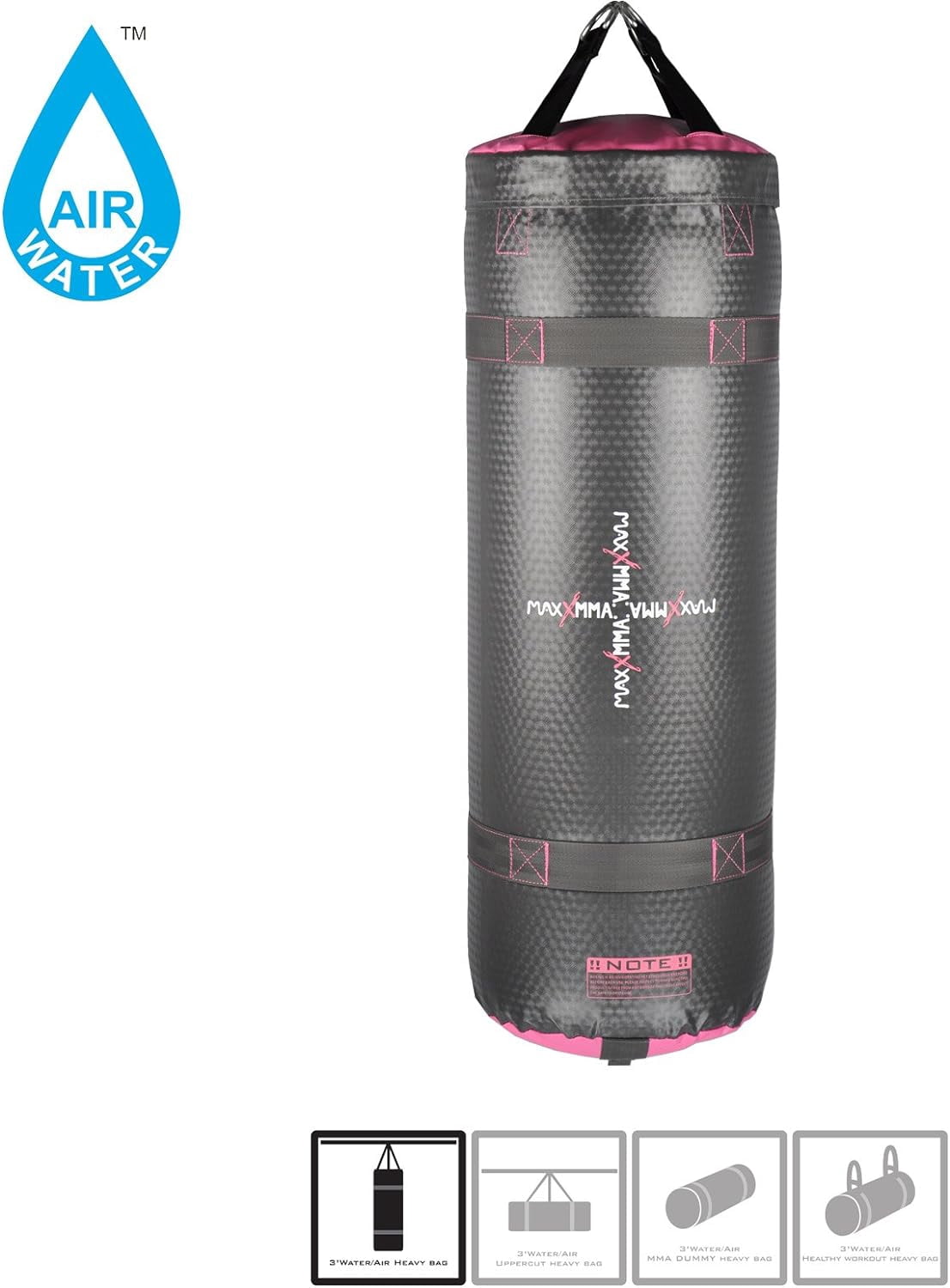 MaxxMMA 3ft 4-in-1 Water/Air Punching Bag, Grey/Pink