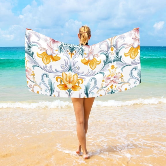 Ryvnso Yellow Vintage Flower Beach Towel Quick Dry Swimming Yoga Beach Towels Large Sand Free Microfiber Towel 31"W x 71"L