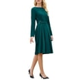 thumbnail image 4 of Women's Pleated Dress A Line Tie Waist Business Casual Long Sleeve Dresses 2XL Blue Green, 4 of 5
