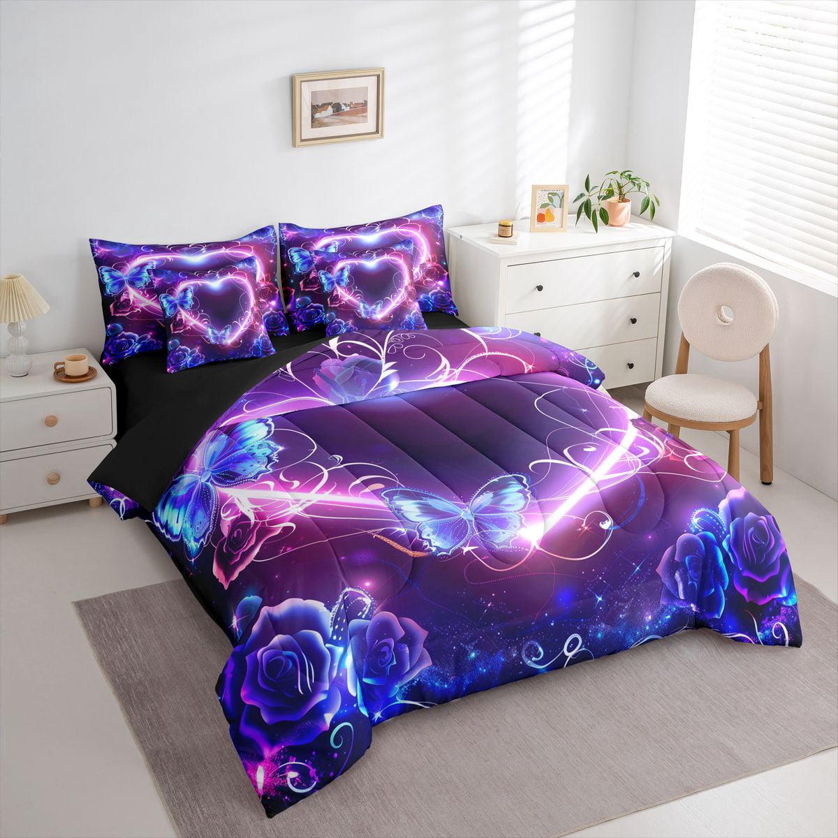 Homewish Kawaii Butterfly 7-Piece Bedding Comforter Set,3D Chic Flower King Bedding Sets,Pink Purple Bed Sheets For Men Women,Super Cozy Room Decor Reversible