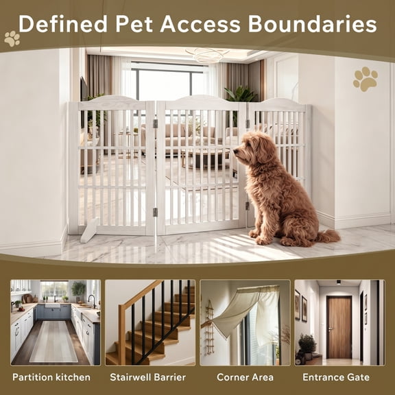 Garitin Pet Gate and Freestanding Dog Gate 30 Inch, Wooden Foldable Step Over Fence with 3 Panels for Doorway Hallway, White