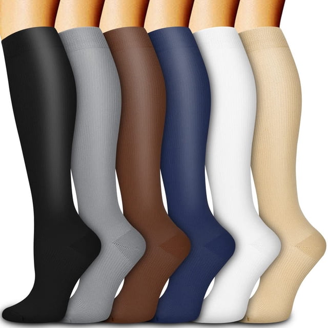 KAWELL Calcetines de compresión para mujeres y hombres, calcetines hasta la rodilla con soporte de 15-20 mmHg para correr, enfermería, atletismo,6 Pairs-Multi01,Small-Medium