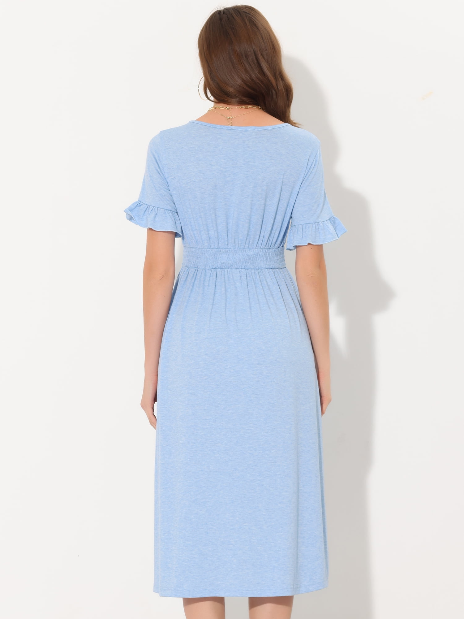 Unique Bargains Women's V Neck Button Flutter Sleeve Smocked High Waist Midi Dress L Blue
