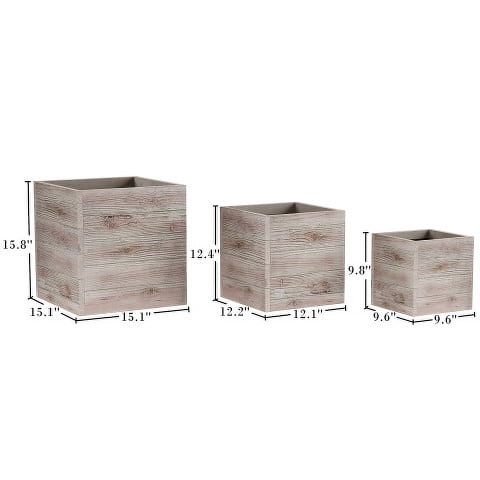 Pure Garden 15.1", 12.1" and 9.6" Large Square Rustic Wood-Look Outdoor Flower Planter Pots, Set of 3 (Gray)