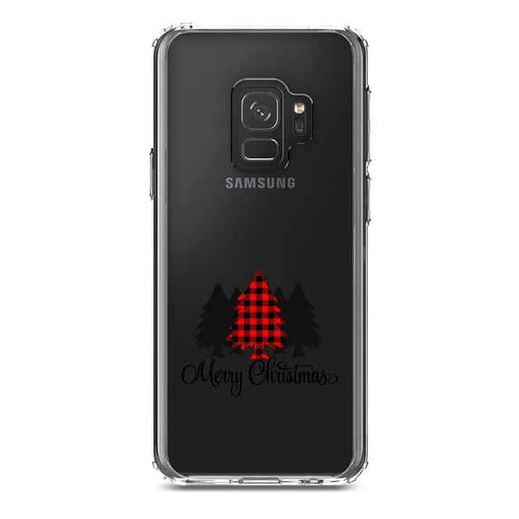 DistinctInk Clear Shockproof Hybrid Case for Samsung Galaxy S9 (5.8" Screen) - TPU Bumper Acrylic Back Tempered Glass Screen Protector - Merry Christmas Plaid Tree